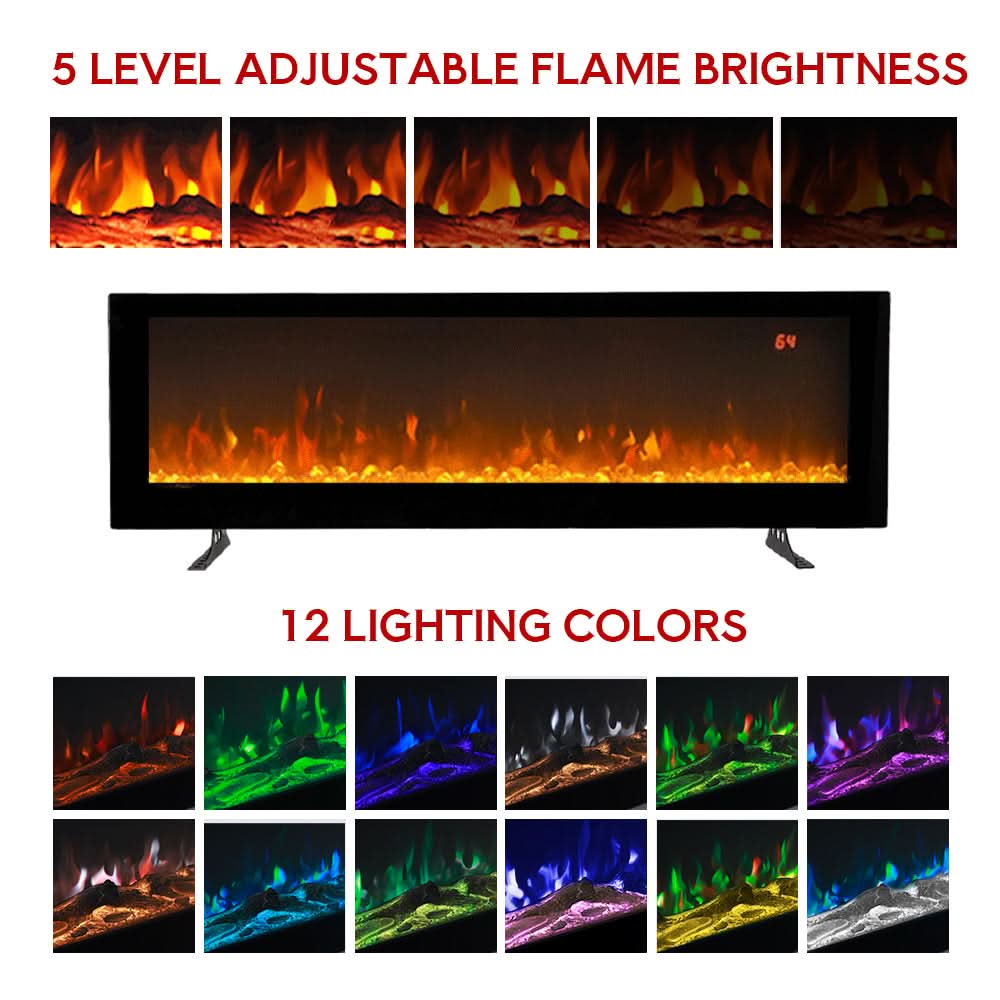 40/50/60 Inch Best Modern LED Electric Fireplace Heater Wall-mounted with Tempered Glass & Remote and 9 Flame Colours 5