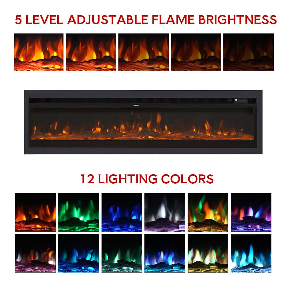 70/80 Inch Recessed & Wall Mounted & Freestanding LED Electric Fireplace with 12 Flame Colours 7