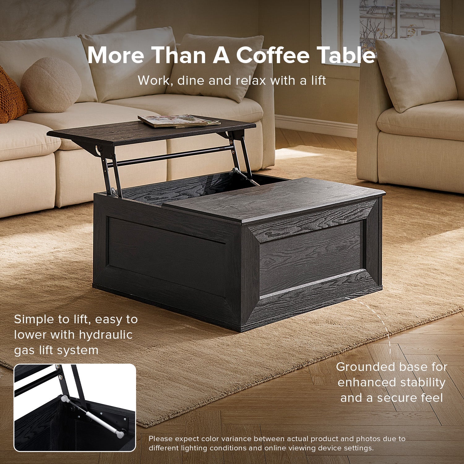 Kura lift-top storage coffee table in Black Oak-effect finish — MOKURRA