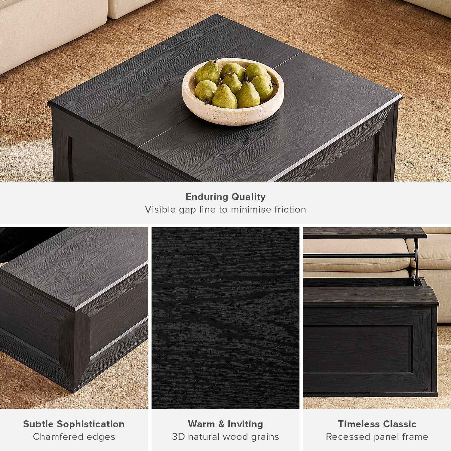 Kura lift-top storage coffee table in Black Oak-effect finish — MOKURRA