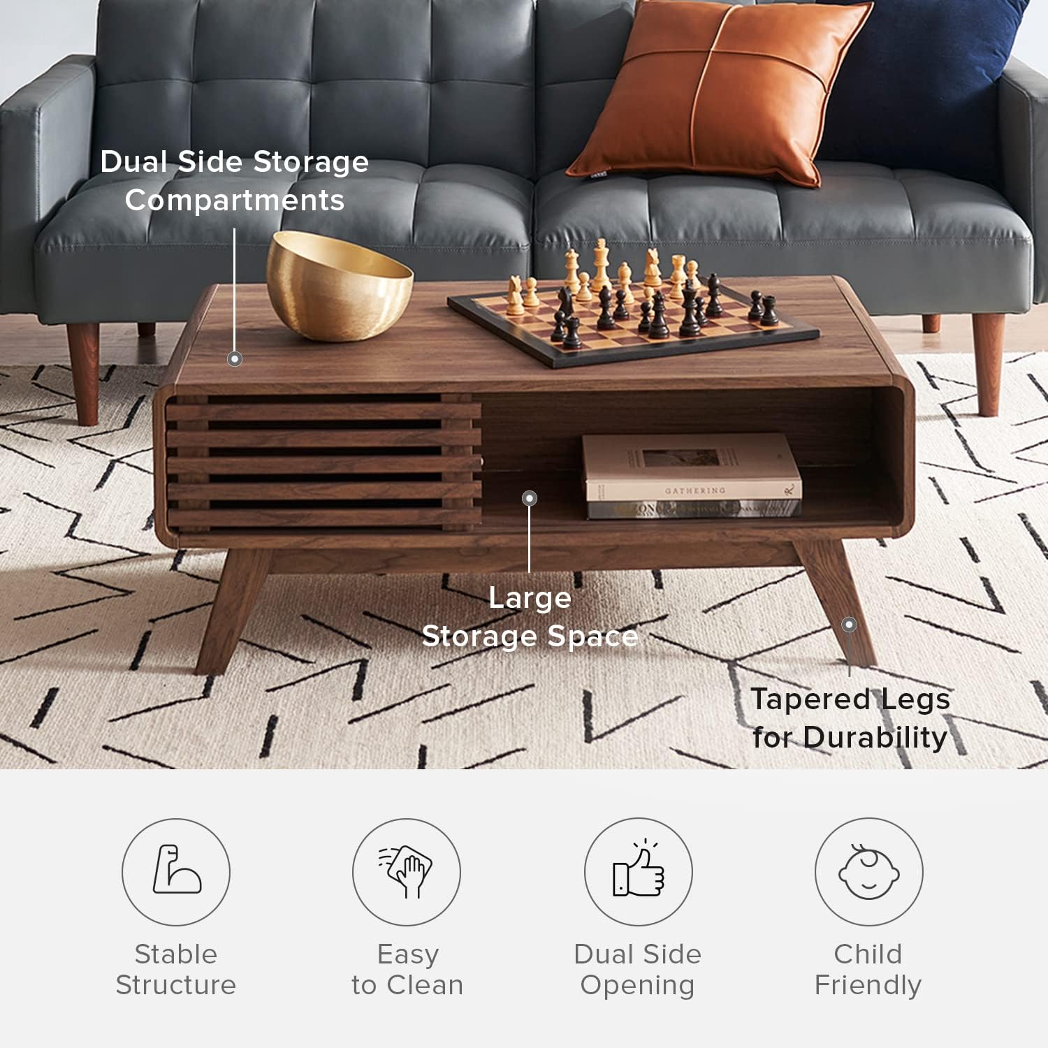 Kanso storage coffee table in walnut-effect finish — MOKURRA