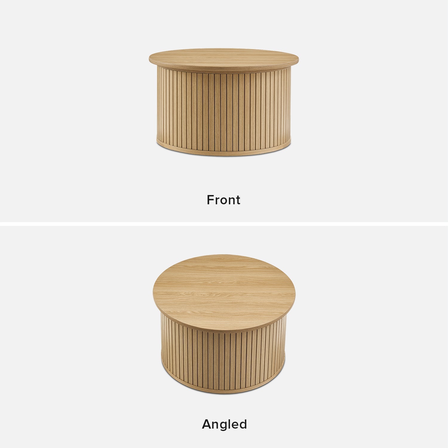 En oval slatted-tambour storage coffee table in Light Oak-effect finish — MOKURRA