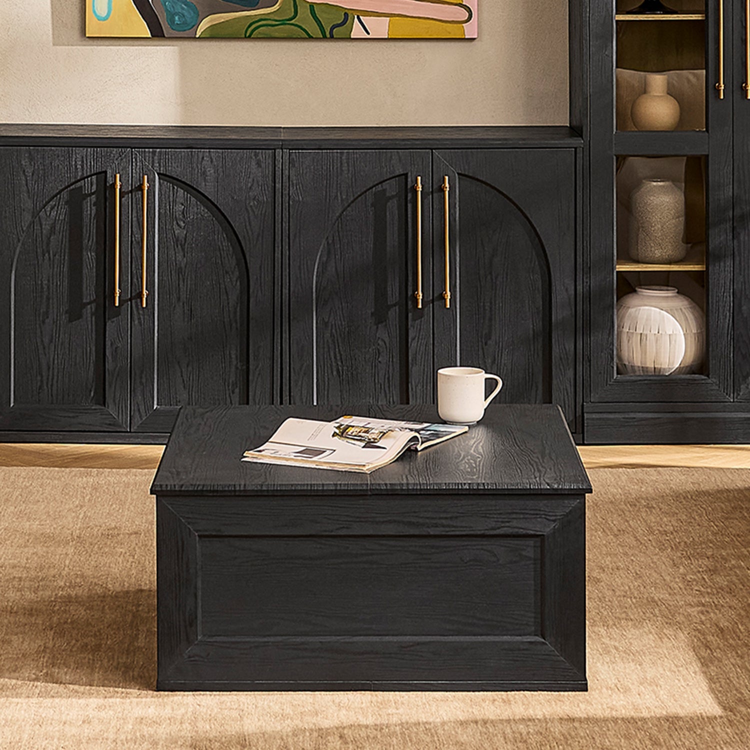 Kura lift-top storage coffee table in Black Oak-effect finish — MOKURRA