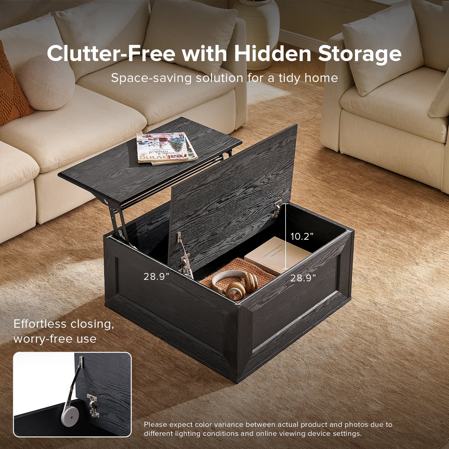 Kura lift-top storage coffee table in Black Oak-effect finish — MOKURRA