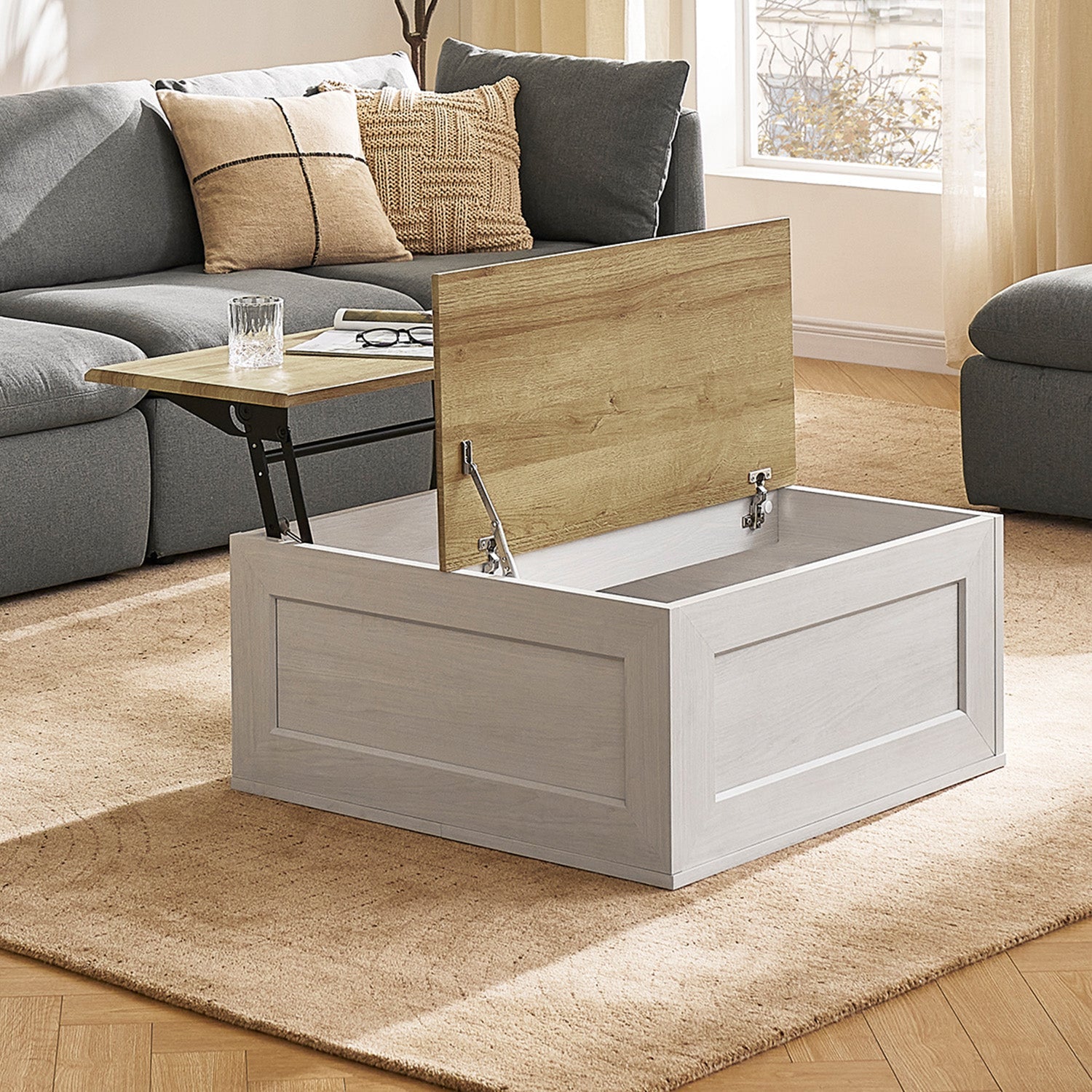Kura lift-top storage coffee table in White Oak-effect finish — MOKURRA
