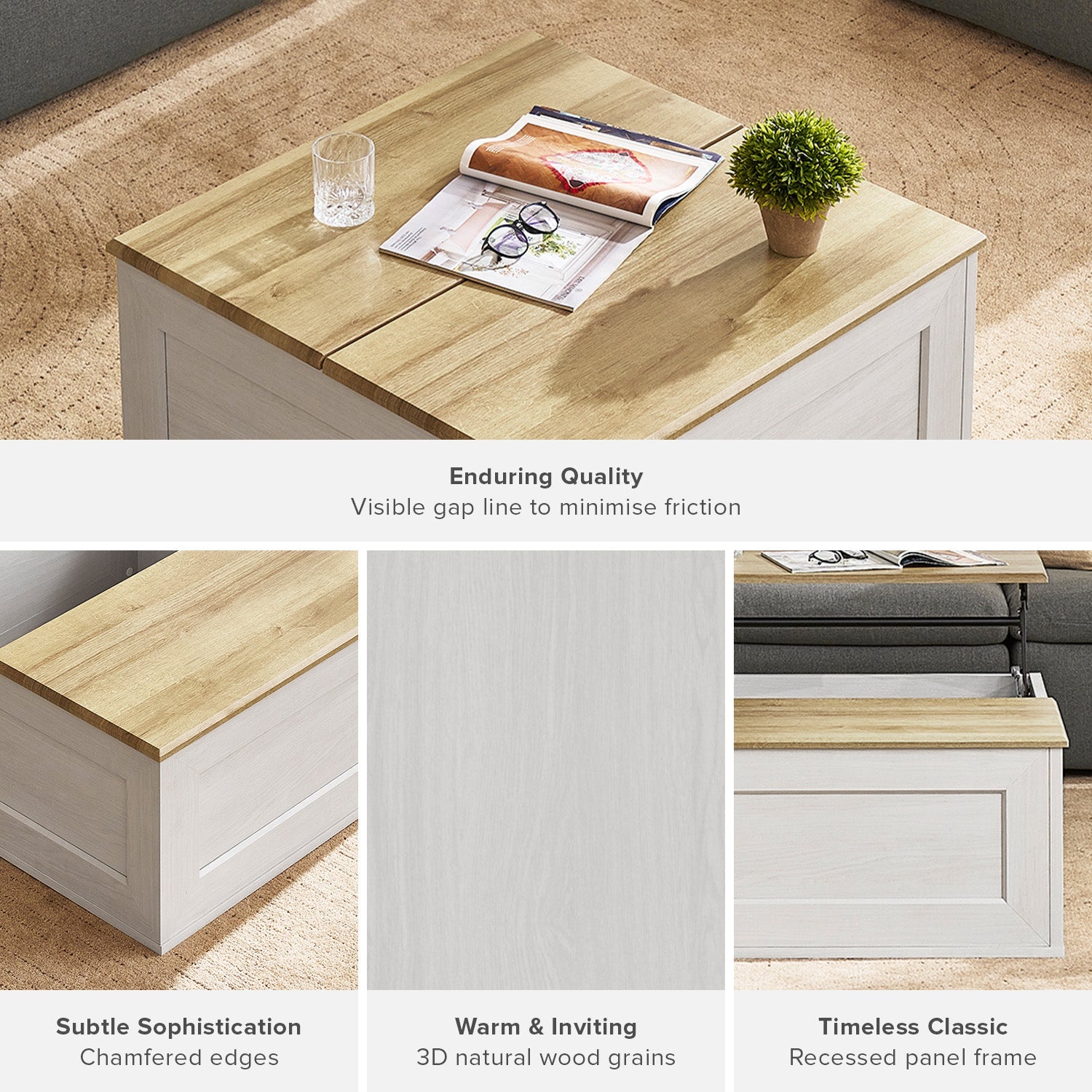 Kura lift-top storage coffee table in White Oak-effect finish — MOKURRA