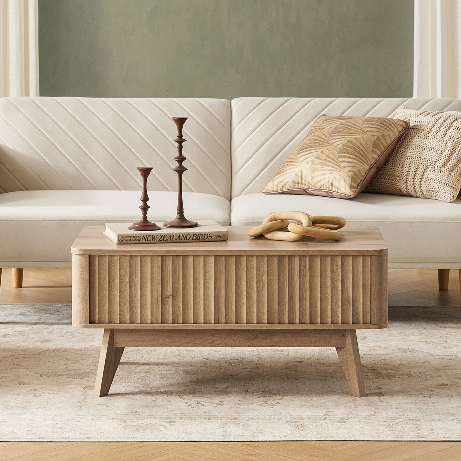 Sen fluted lift-top coffee table in Golden Oak-effect finish — MOKURRA