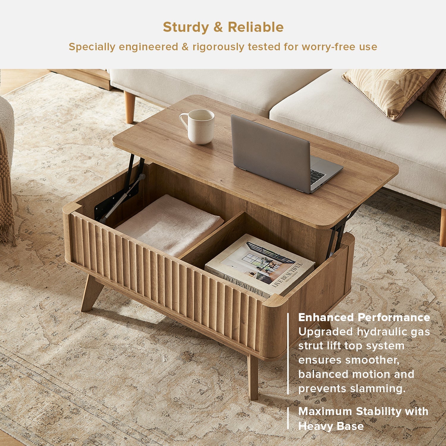 Sen fluted lift-top coffee table in Golden Oak-effect finish — MOKURRA