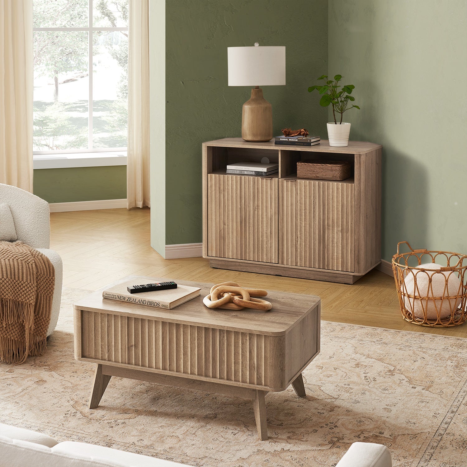 Sen fluted lift-top coffee table in Golden Oak-effect finish — MOKURRA
