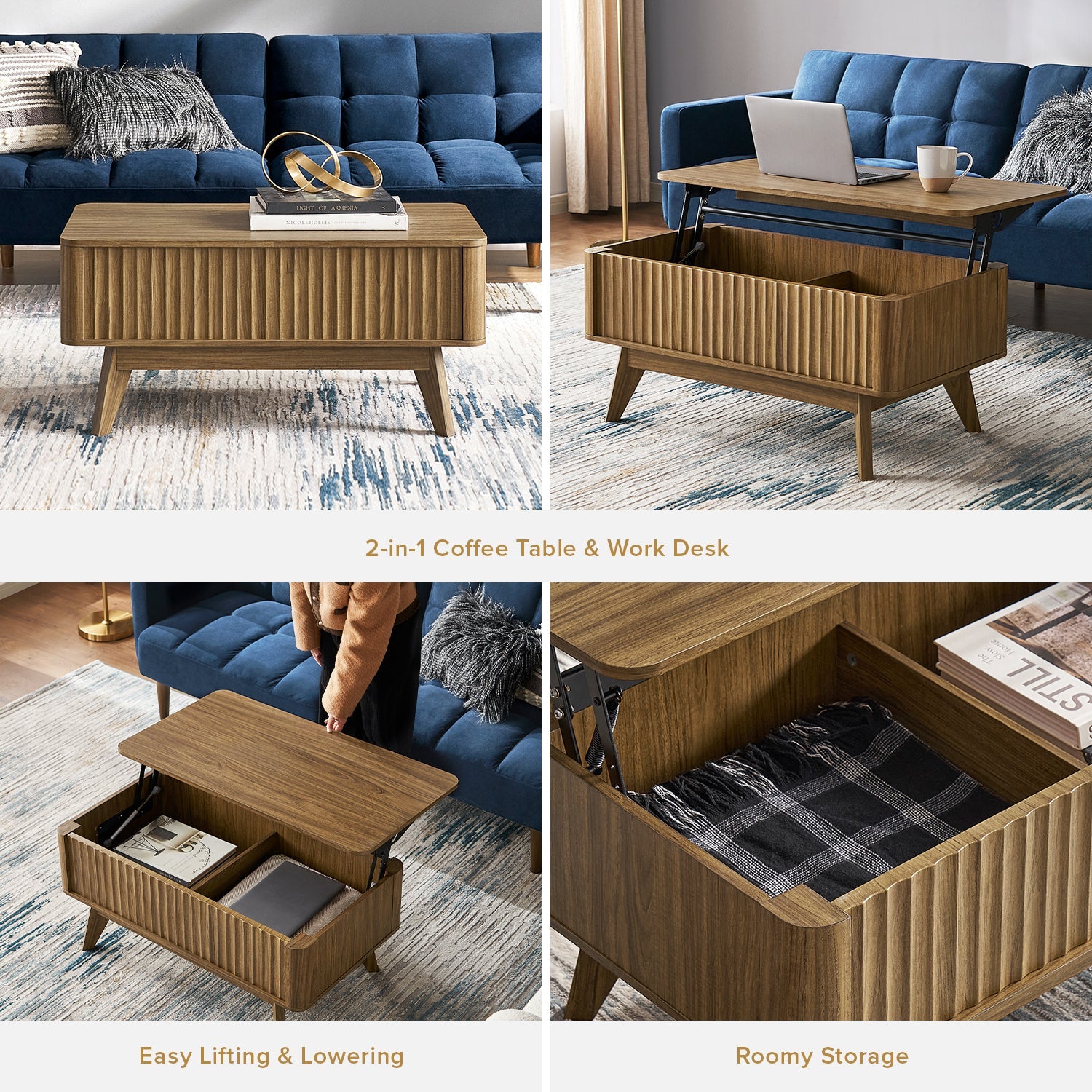 Sen fluted lift-top coffee table in Walnut-effect finish — MOKURRA