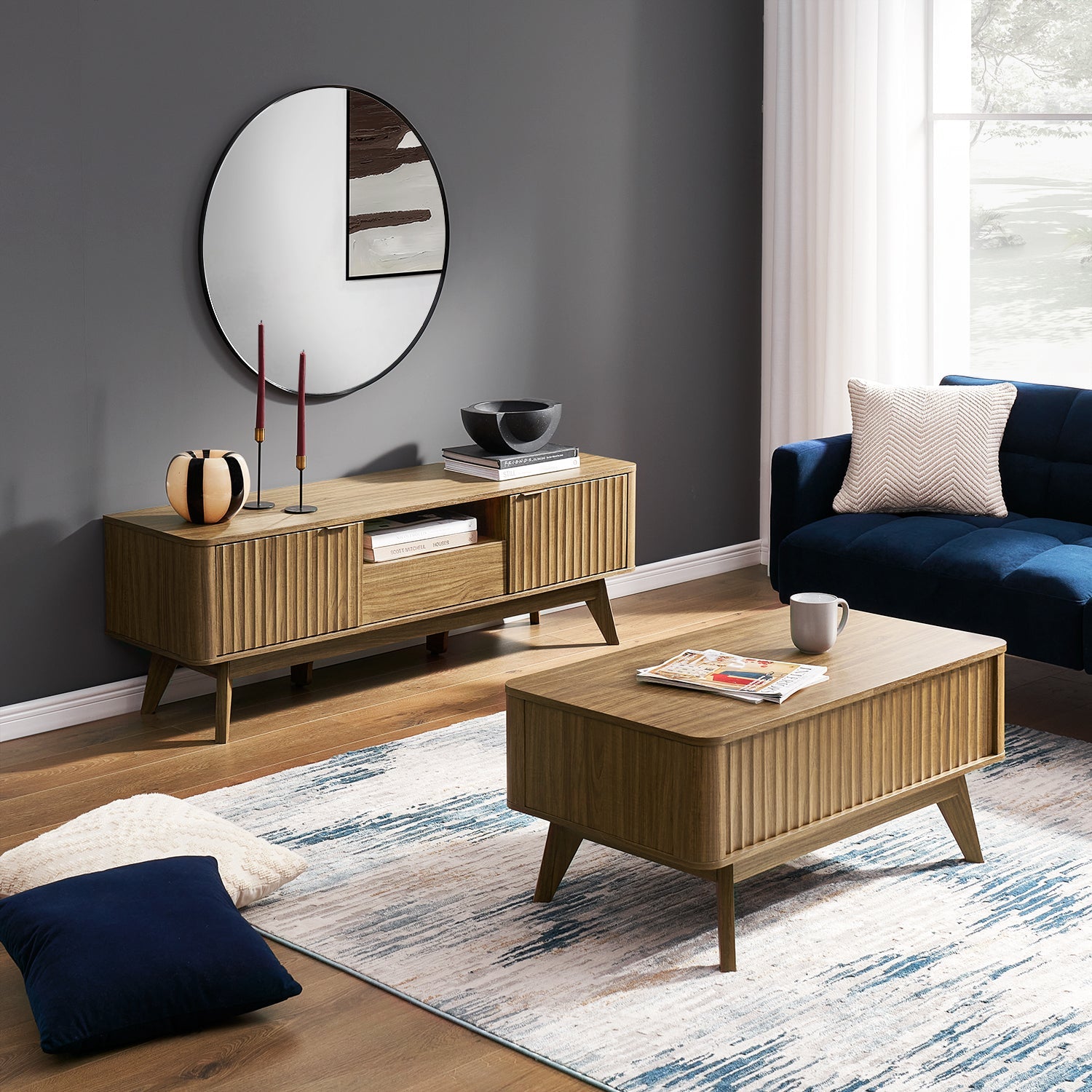 Sen fluted lift-top coffee table in Walnut-effect finish — MOKURRA