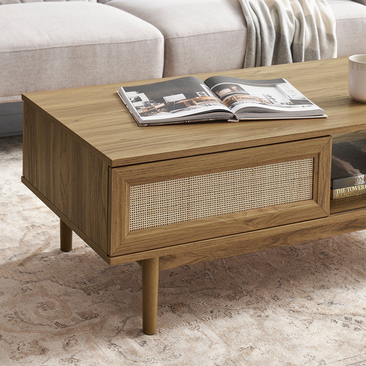 Ami low storage unit with rattan sliding doors — MOKURRA