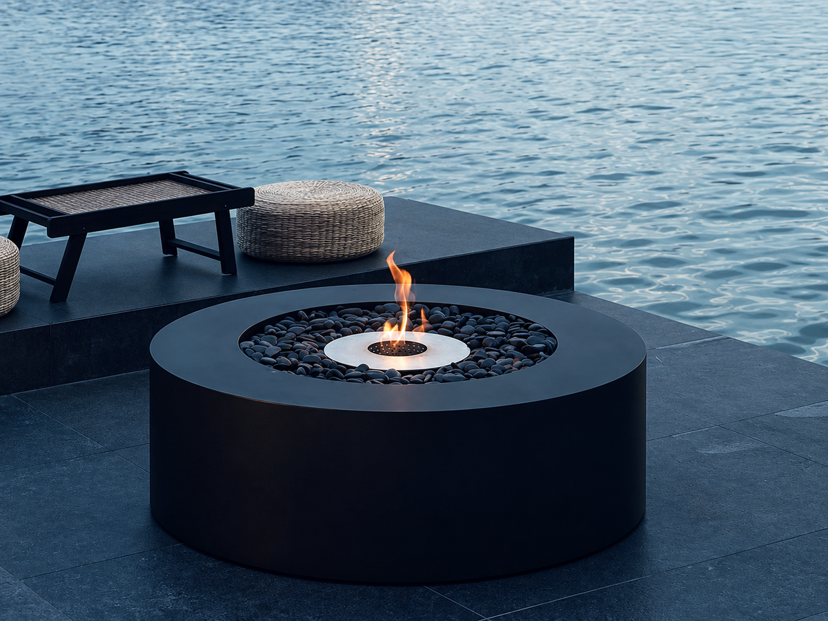 Bernard Round Fire Pit Table, Bioethanol or Gas, Stainless Steel