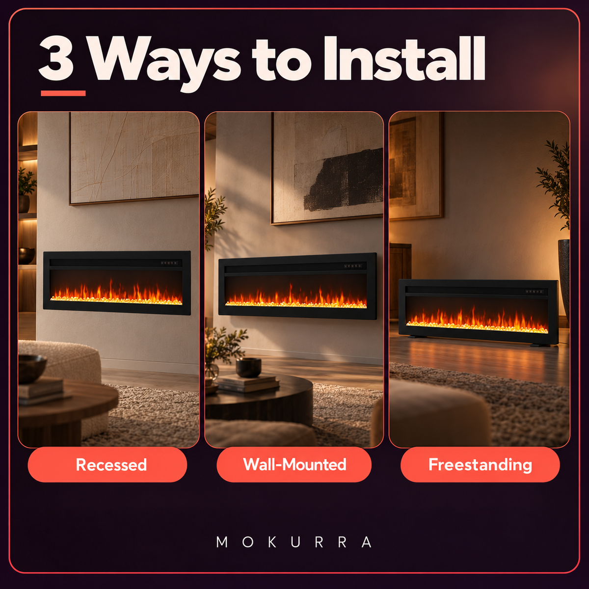 60″ Electric Fireplace with 12 Flame Colours — Sumi