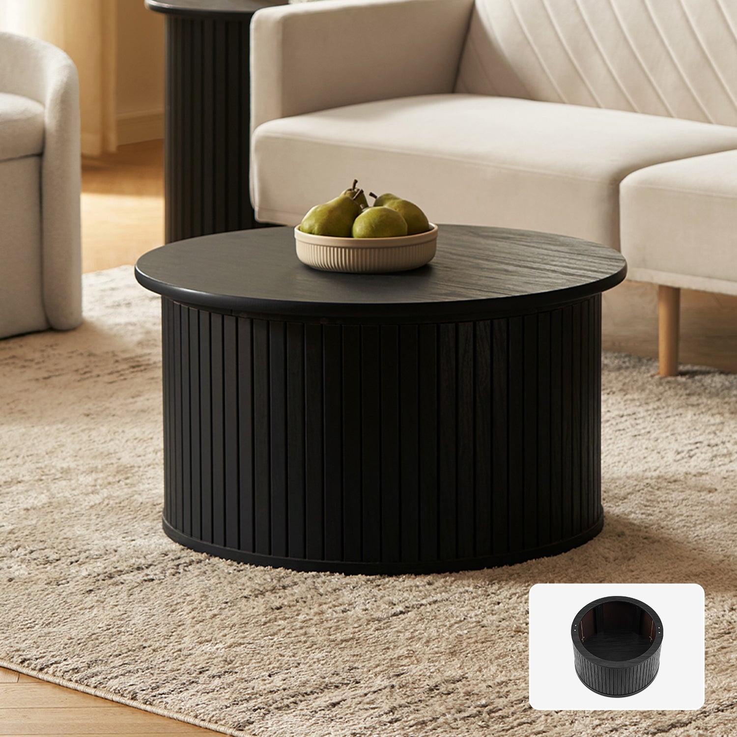 En oval slatted-tambour storage coffee table in Black finish — MOKURRA