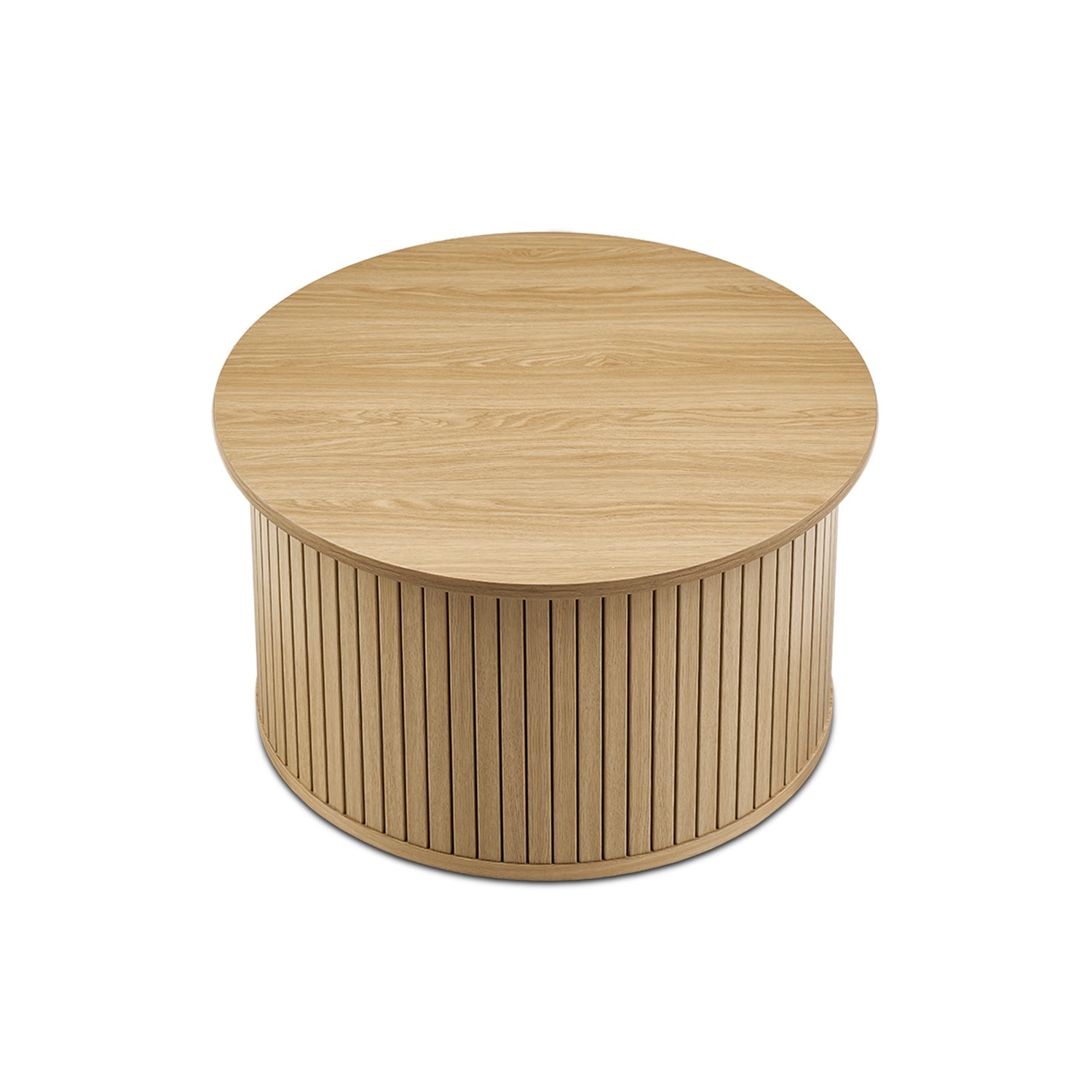 En oval slatted-tambour storage coffee table in Light Oak-effect finish — MOKURRA