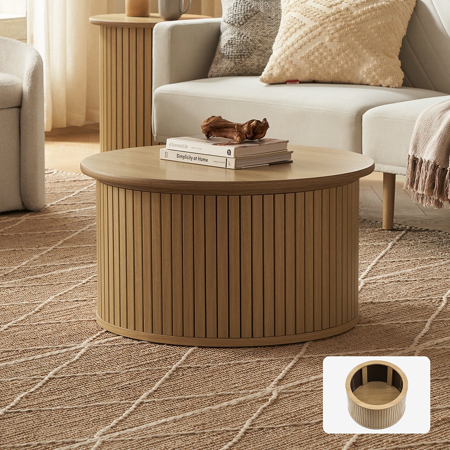 En oval slatted-tambour storage coffee table in Light Oak-effect finish — MOKURRA