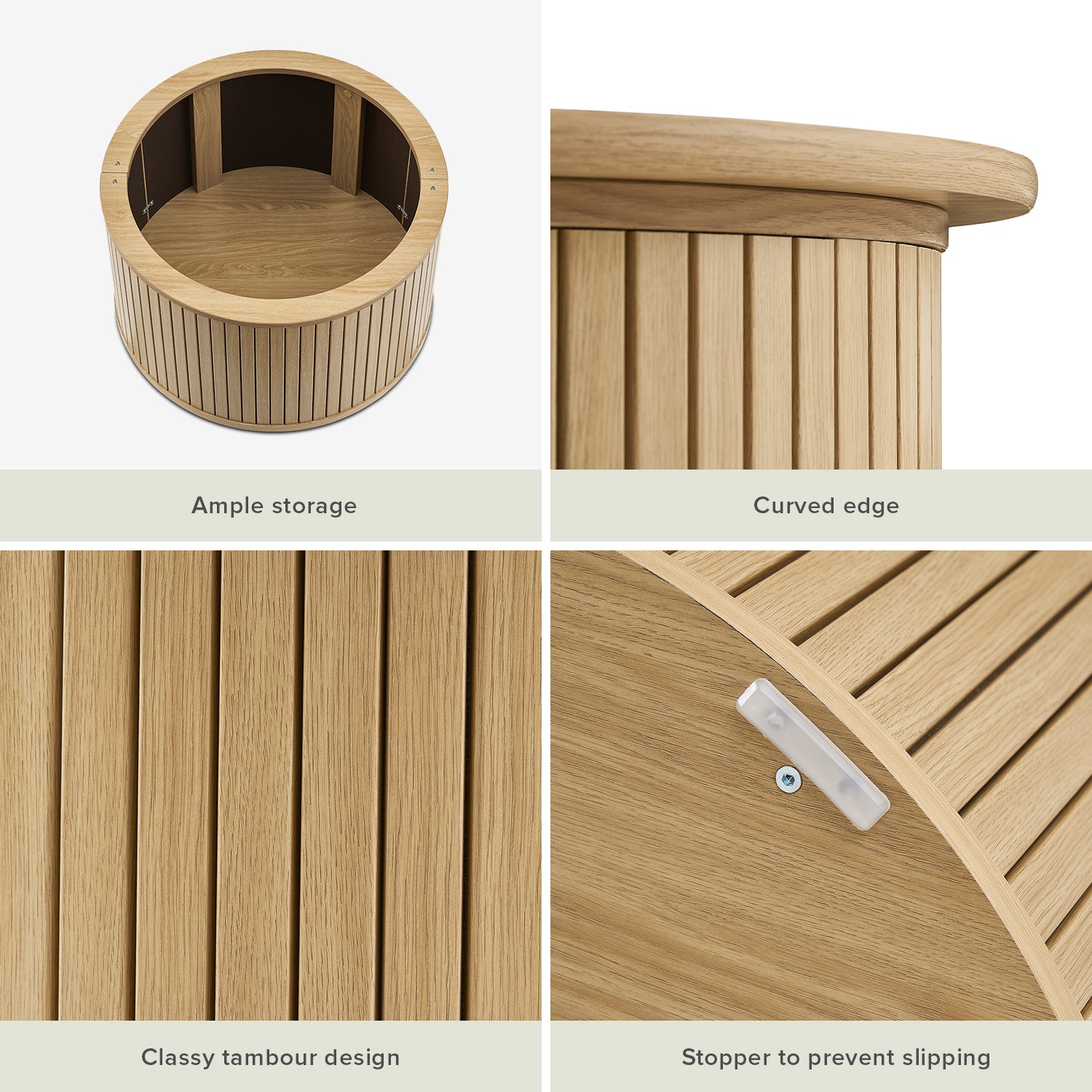 En oval slatted-tambour storage coffee table in Light Oak-effect finish — MOKURRA