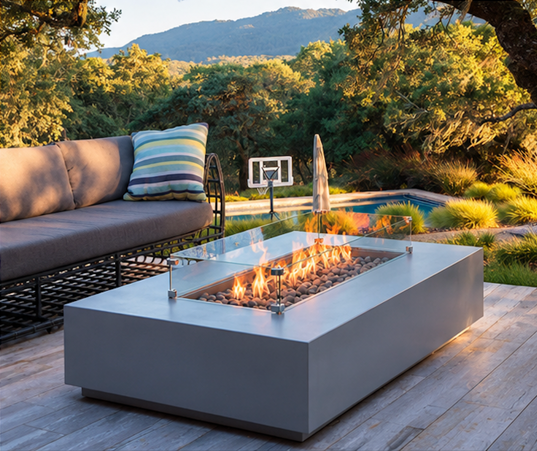 Teague Rectangular Fire Pit Table, Bioethanol or Gas, Stainless Steel