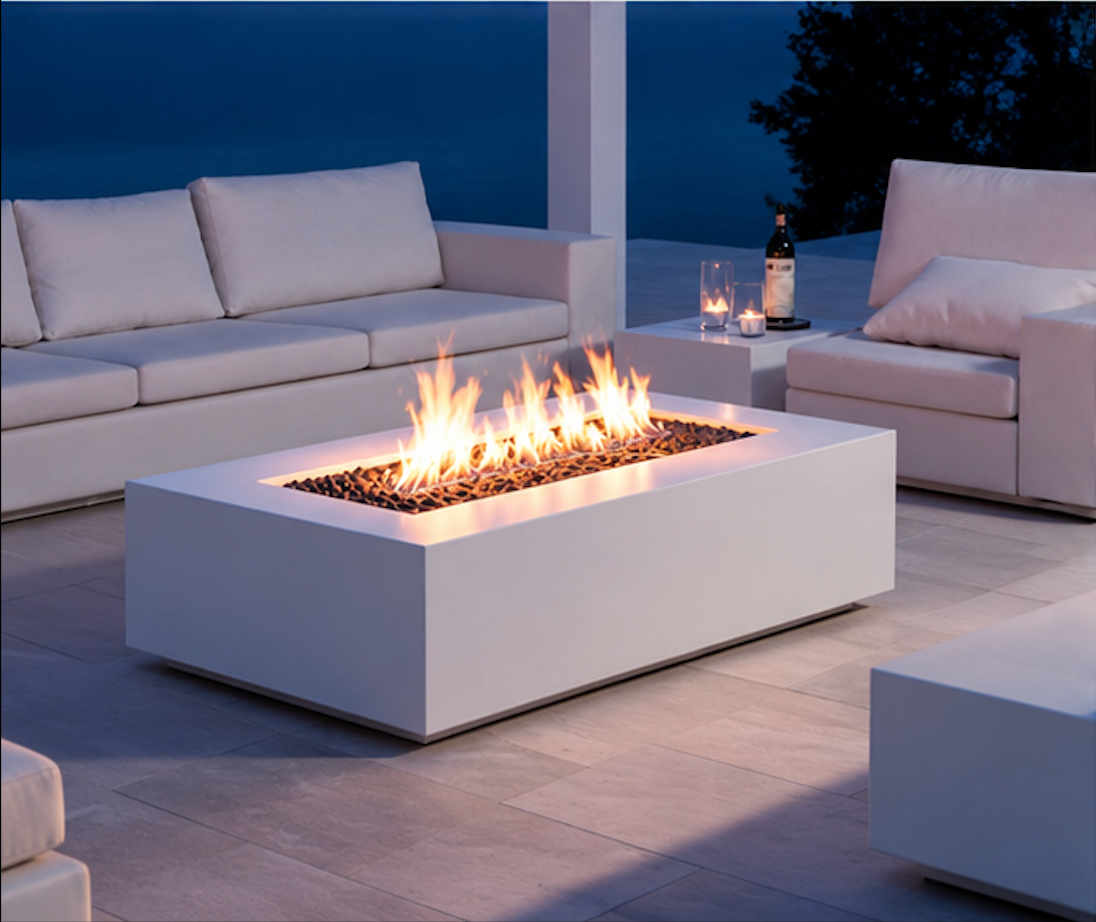 Teague Rectangular Fire Pit Table, Bioethanol or Gas, Stainless Steel