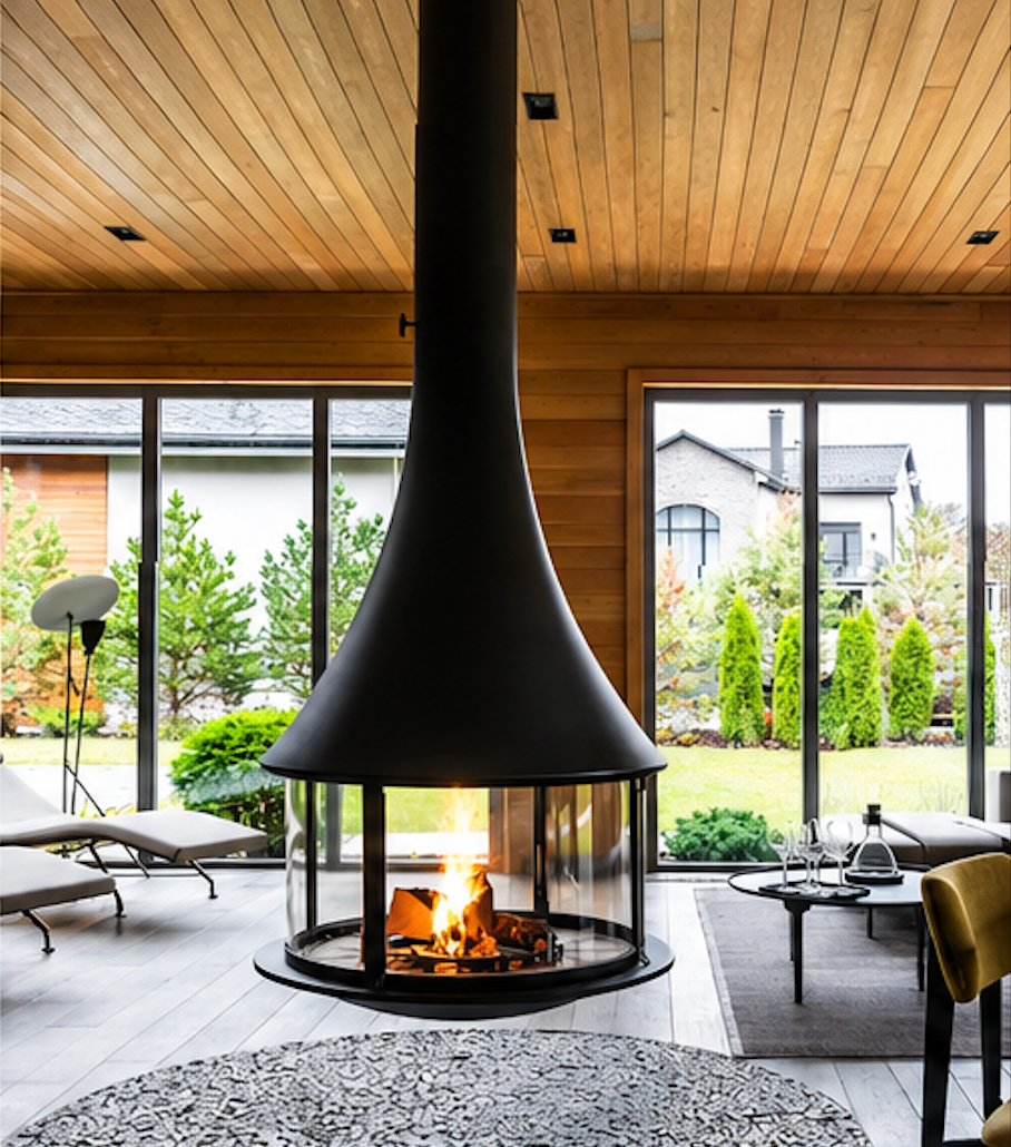 Muriel Suspended Glass Wood Burning Stove – 360° Panoramic Hanging Fireplace
