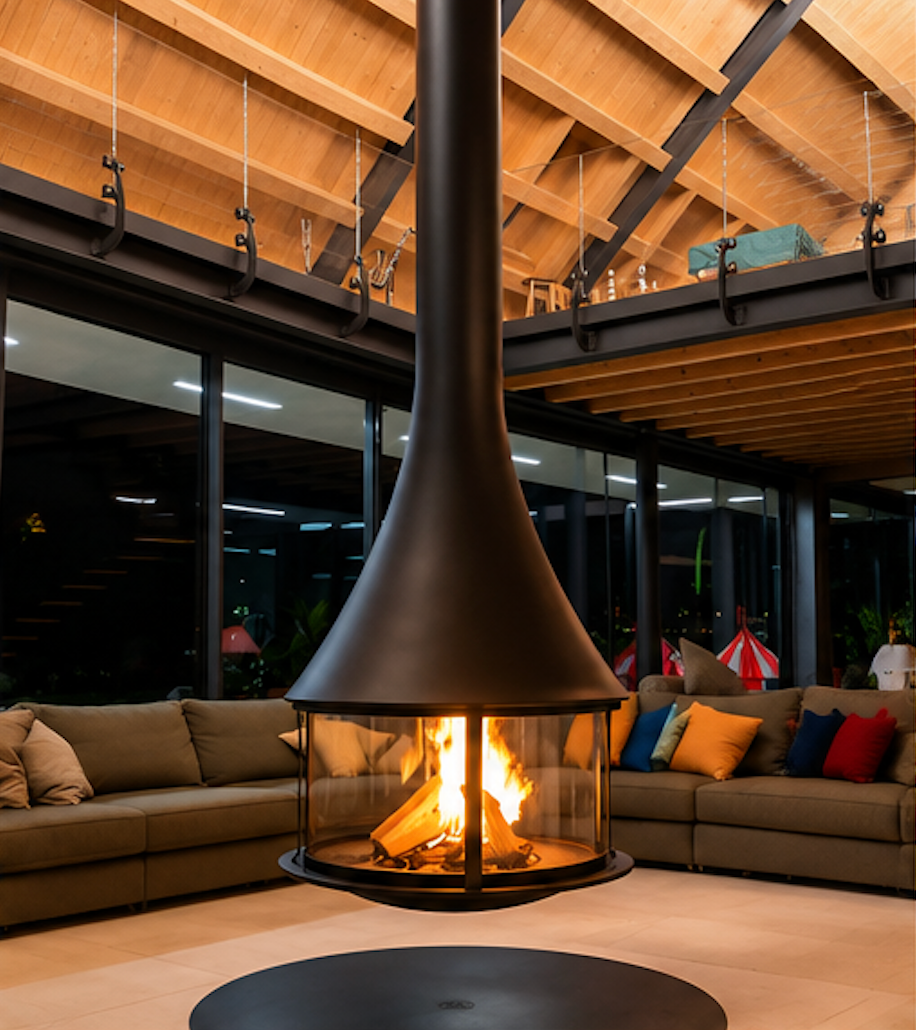 Muriel Suspended Glass Wood Burning Stove – 360° Panoramic Hanging Fireplace