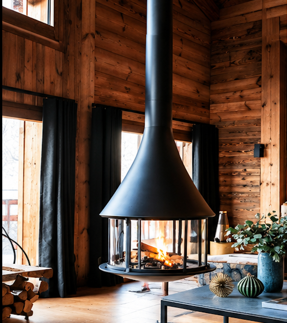 Muriel Suspended Glass Wood Burning Stove – 360° Panoramic Hanging Fireplace