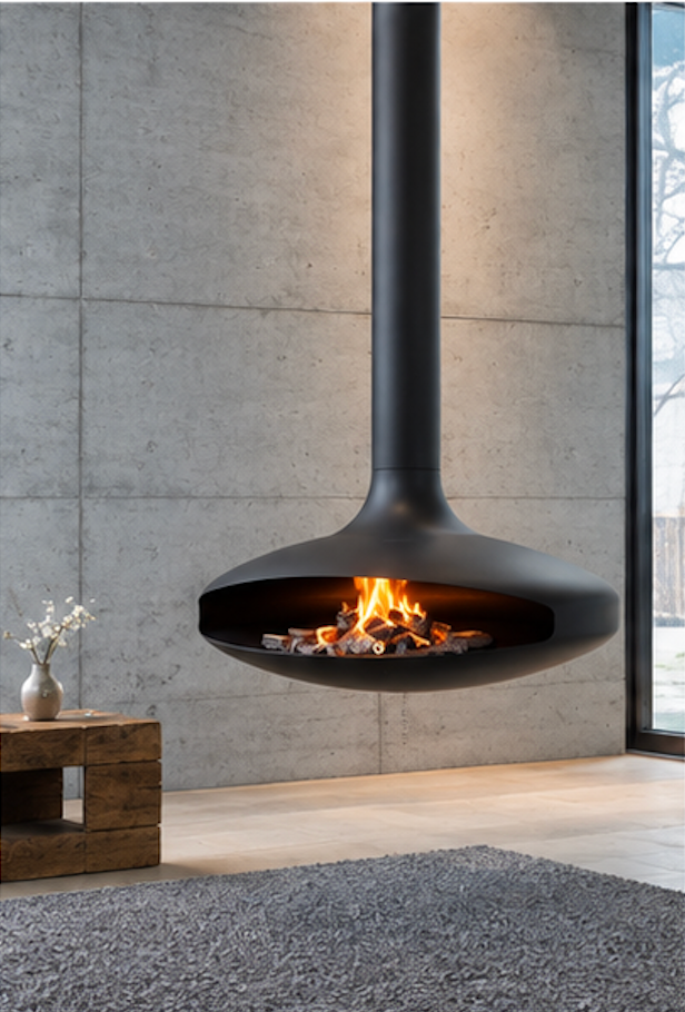 Flying Saucer Suspended Wood Burning Stove – 360° Rotating Floating Fireplace