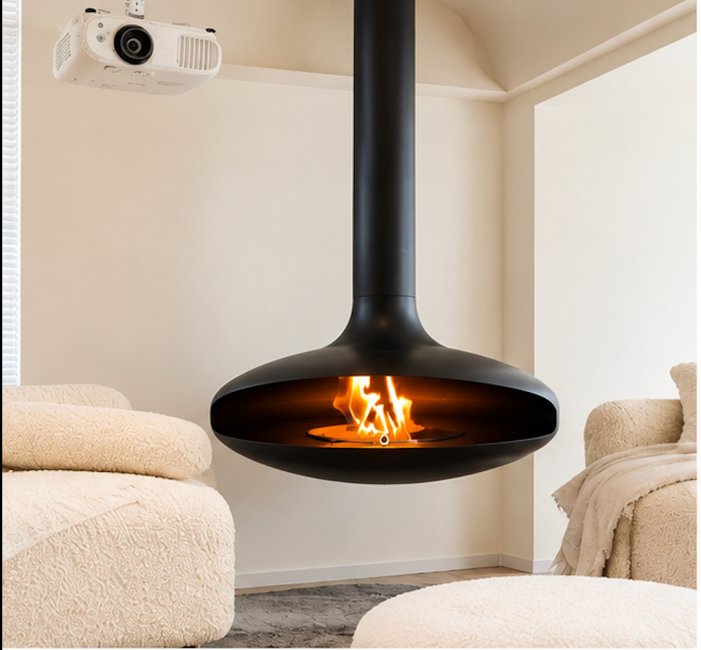 Flying Saucer Suspended Wood Burning Stove – 360° Rotating Floating Fireplace
