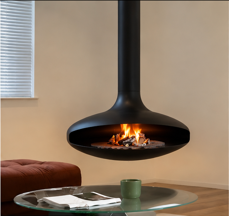 Flying Saucer Suspended Wood Burning Stove – 360° Rotating Floating Fireplace
