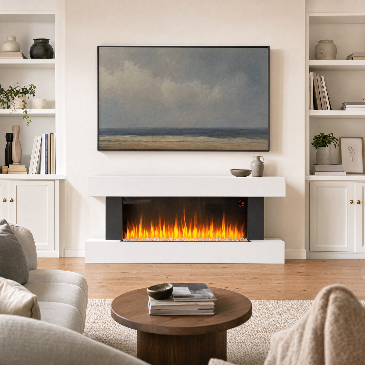 White Electric Fireplace & Surround, 1000W/2000W — Akari