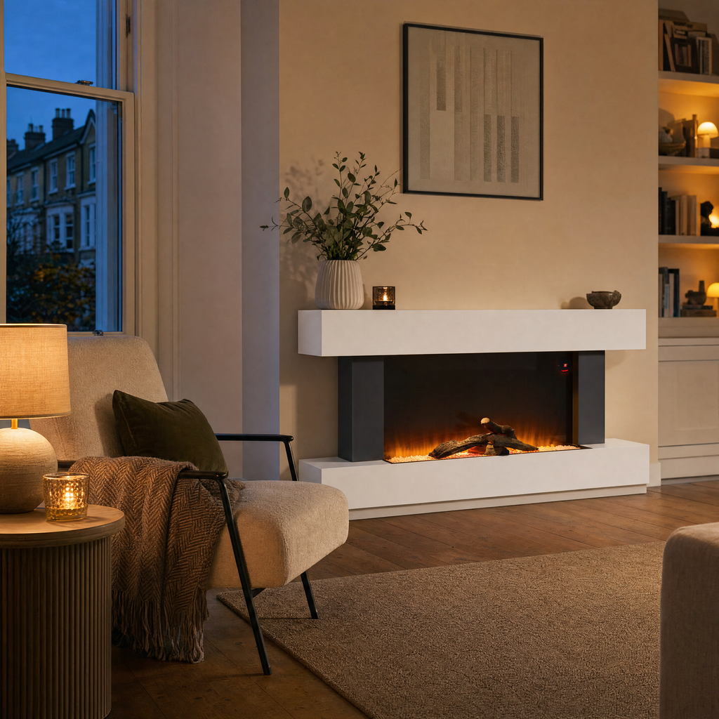 White Electric Fireplace & Surround, 1000W/2000W — Akari