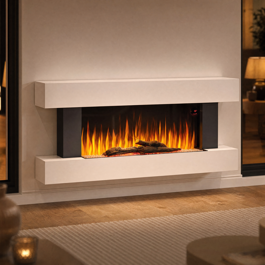 White Electric Fireplace & Surround, 1000W/2000W — Akari