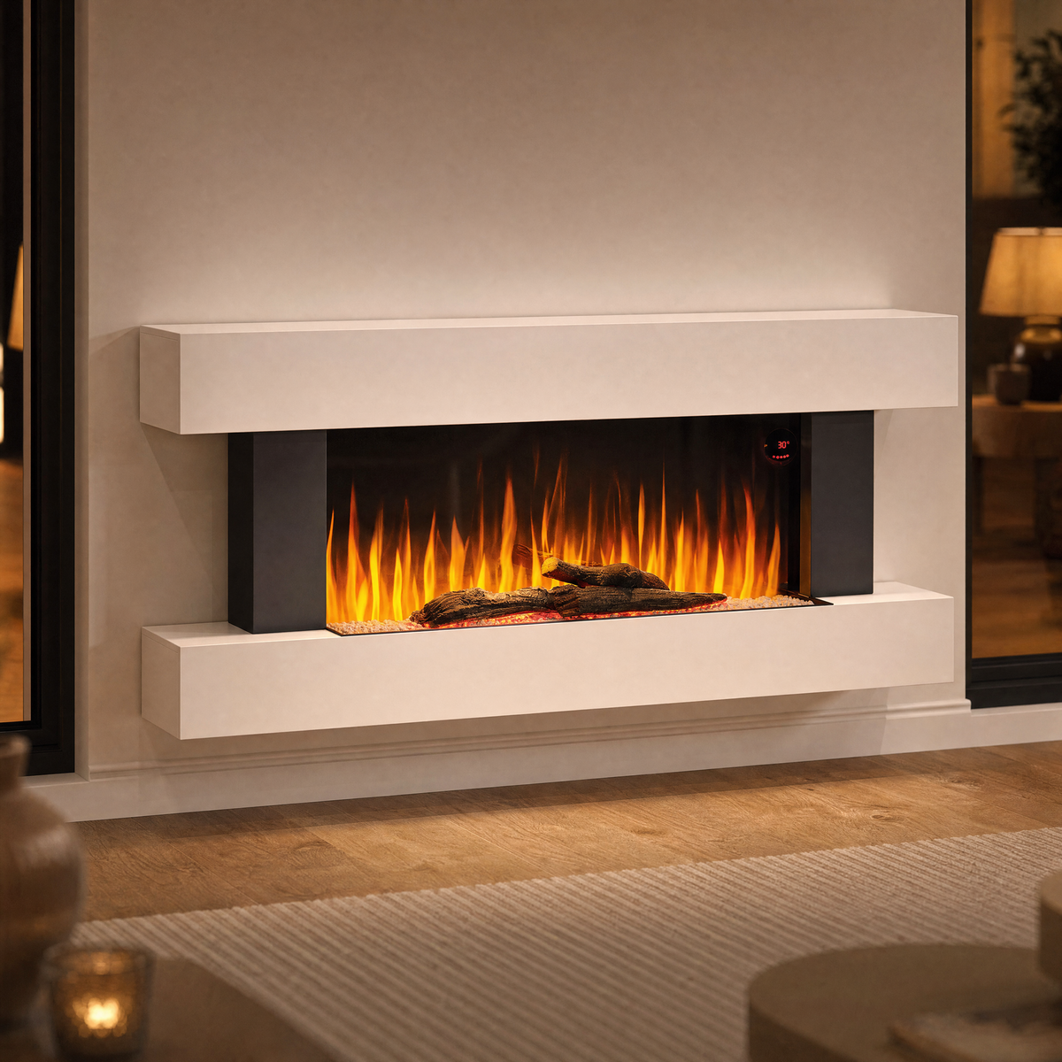 White Electric Fireplace & Surround, 1000W/2000W — Akari