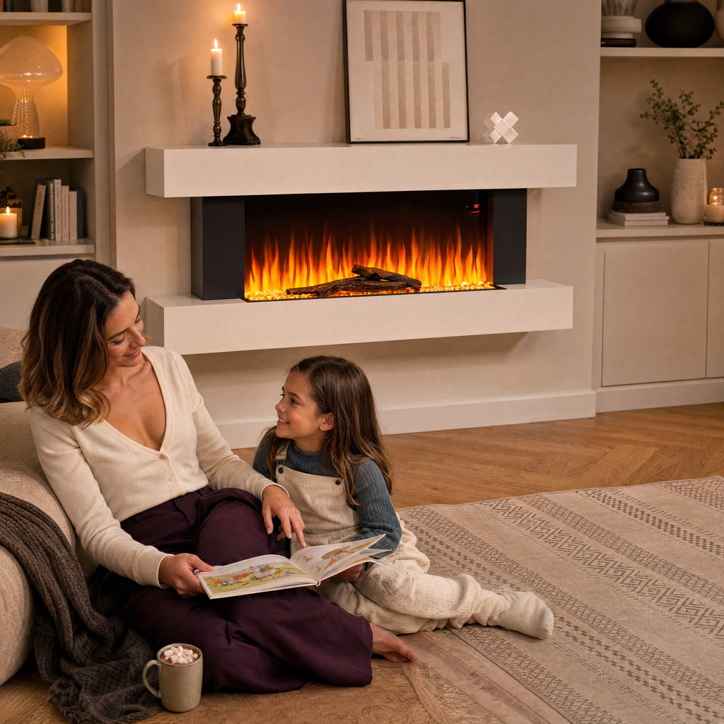 White Electric Fireplace & Surround, 1000W/2000W — Akari