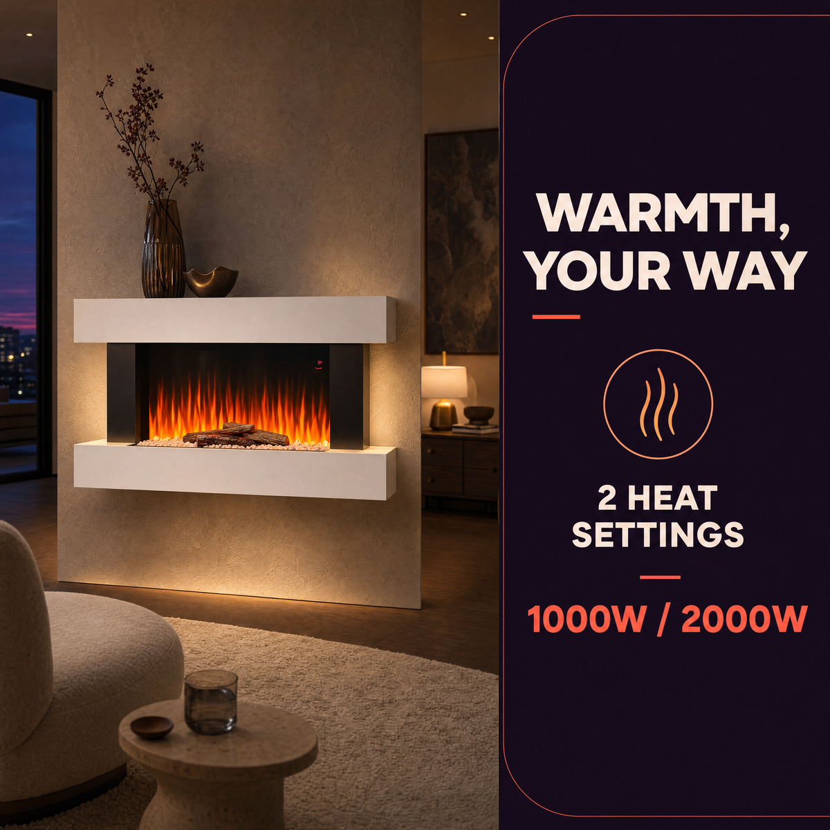 White Electric Fireplace & Surround, 1000W/2000W — Akari