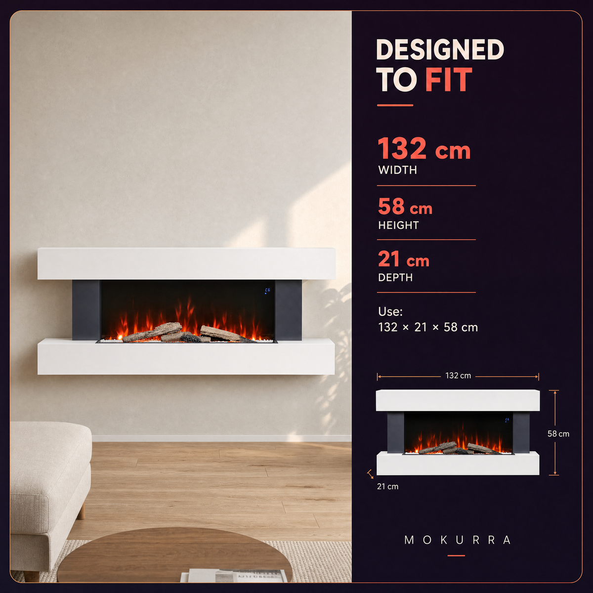 White Electric Fireplace & Surround, 1000W/2000W — Akari