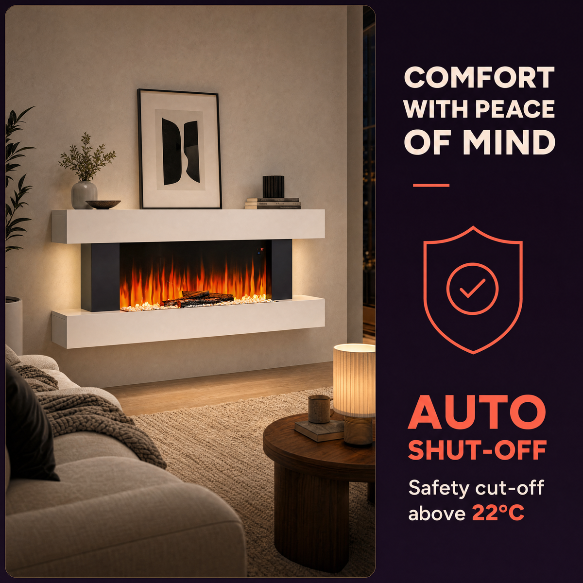 White Electric Fireplace & Surround, 1000W/2000W — Akari