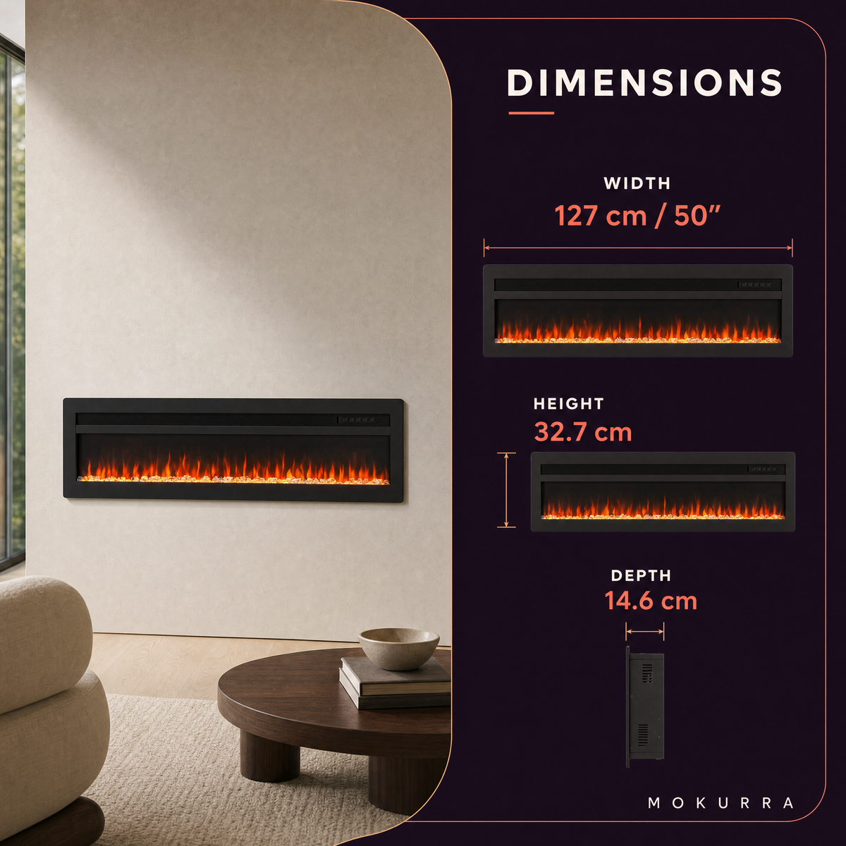 50″ Electric Fireplace with 12 Flame Colours — Ren