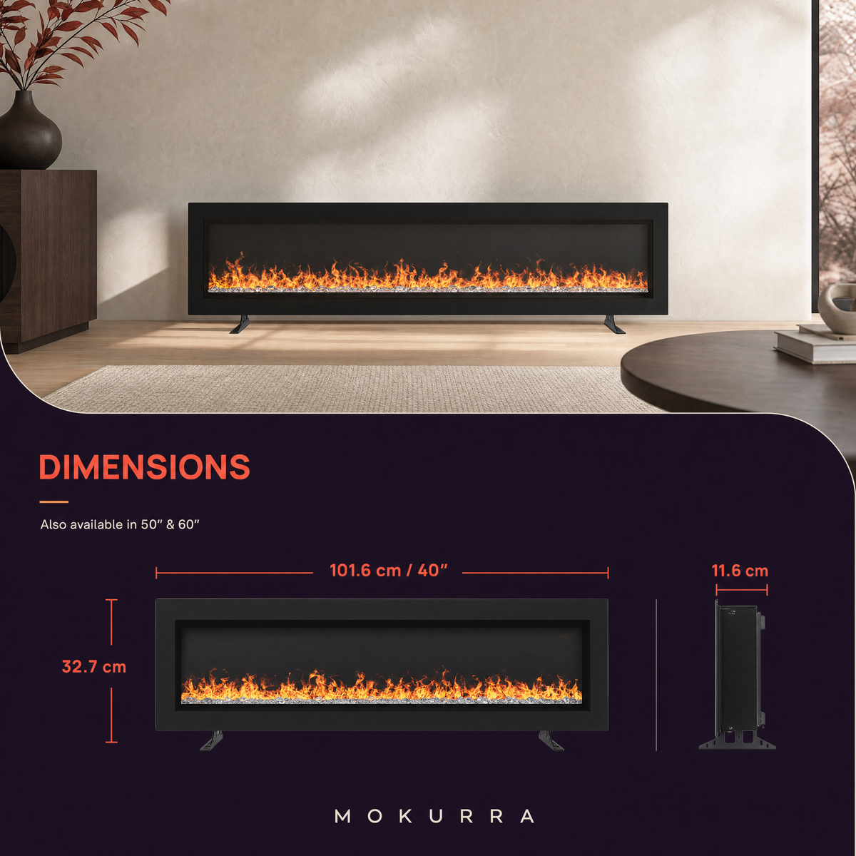 40/50/60″ Electric Fireplace with 12 Flame Colours — Kaede