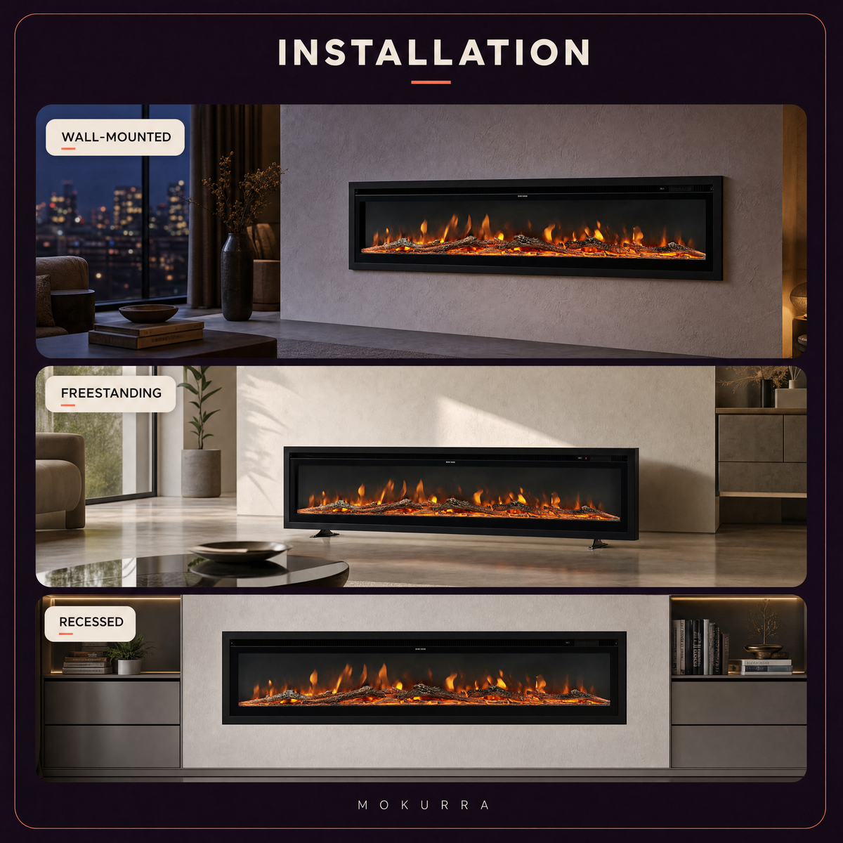 70/80″ Electric Fireplace with 12 Flame Colours — Hikari