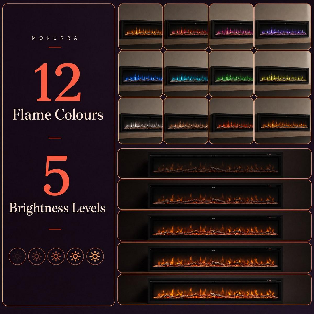 70/80″ Electric Fireplace with 12 Flame Colours — Hikari