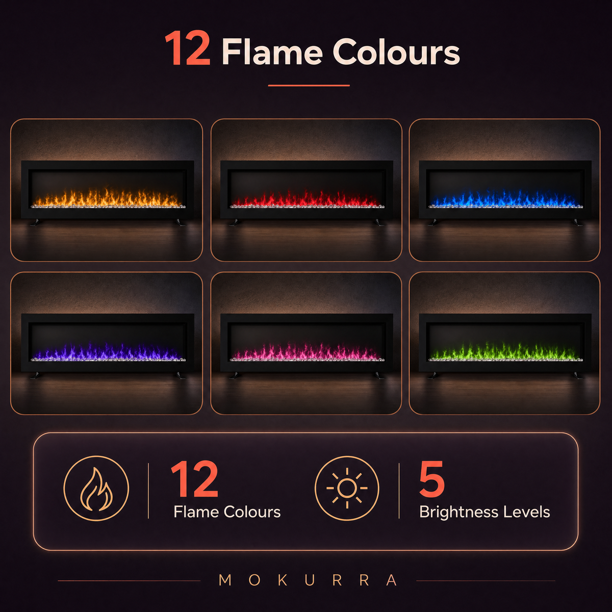 40/50/60″ Electric Fireplace with 12 Flame Colours — Kaede