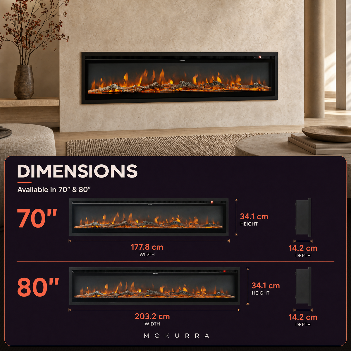 70/80″ Electric Fireplace with 12 Flame Colours — Hikari