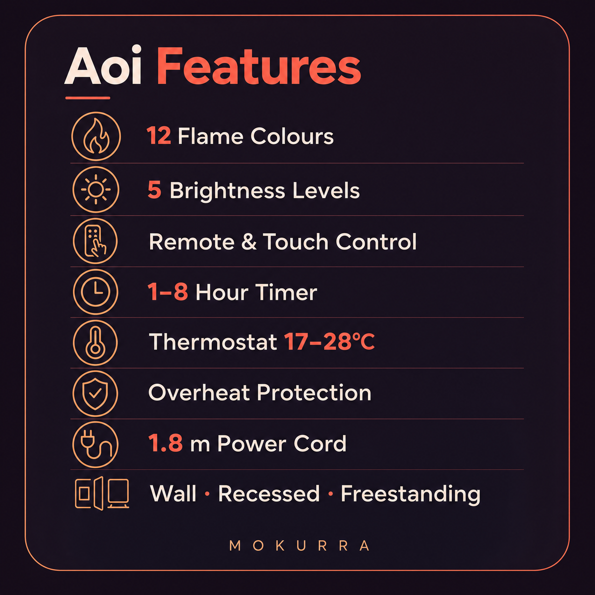 50/60/72″ Electric Fireplace with 12 Flame Colours — Aoi