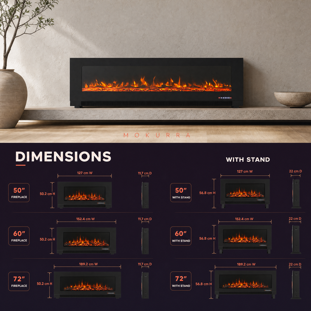 50/60/72″ Electric Fireplace with 12 Flame Colours — Aoi